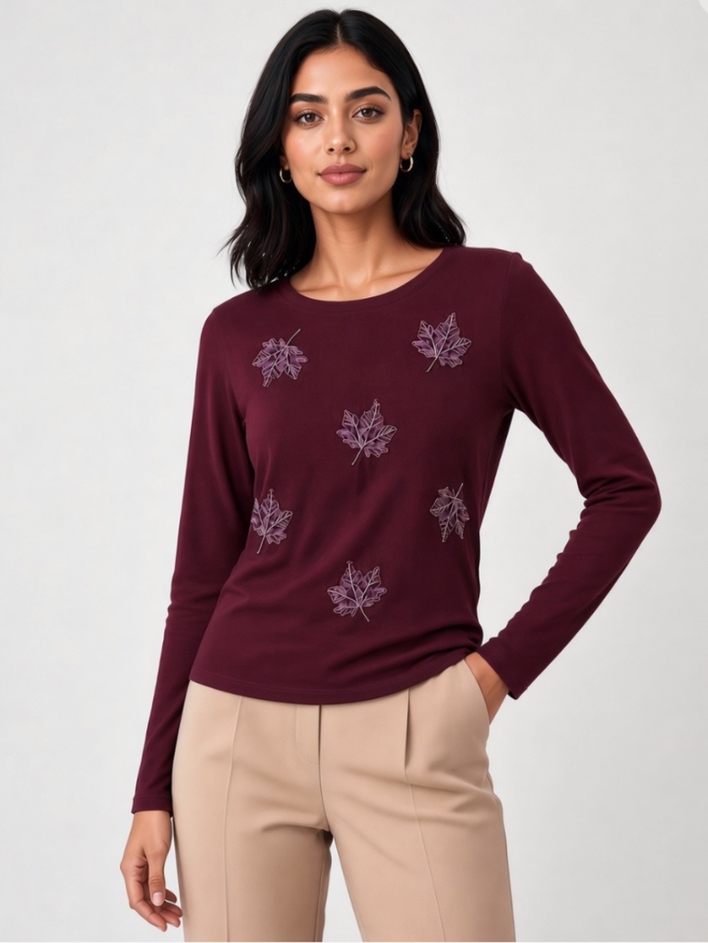 Talbots NWT 100% Cotton Burgundy Long Sleeve Shirt with Leaf Metallic Appliqués